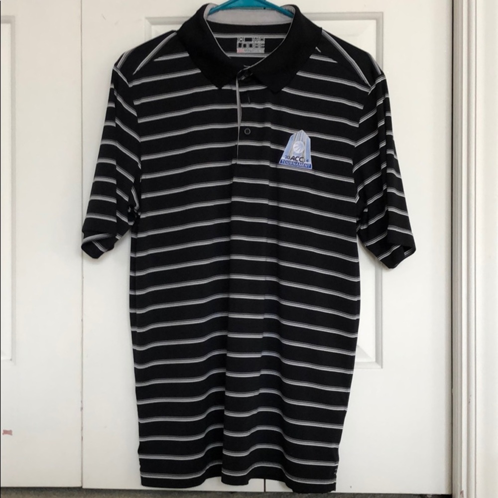UA black with grey/white stripe polo- ACC